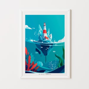 Cartel infantil isla flotante en el océano, decoración habitación, regalo nacimiento, minimalista, cumpleaños, bajo el océano, mar, concha