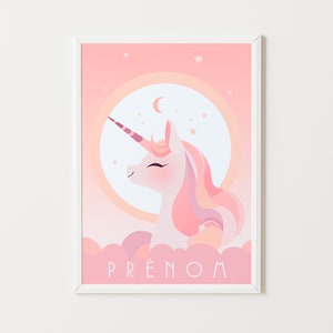 Affiche licorne personnalisée avec prénom, Design minimaliste, cadeau de naissance, unicorn, anniversaire, bébé, enfant, baby, rose, animaux