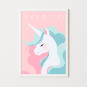 Affiche licorne personnalisée avec prénom, Design minimaliste, cadeau de naissance, unicorn, anniversaire, bébé, enfant, baby, rose, animaux