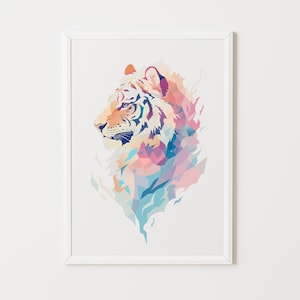 Póster mosaico estampado tigre en colores pastel, decoración habitación infantil, minimalista, niño, bebé, poca ternura, poligonal