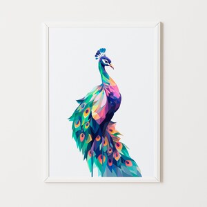 Cartel infantil pavo real poligonal, decoración habitación, regalo nacimiento, minimalista, mosaico, cumpleaños, animales, selva, león, cartel