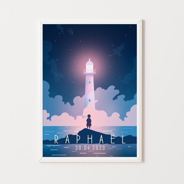 Affiche personnalisée prénom et date de naissance pour fille ou garçon, phare, poster minimaliste, étoile, décoration enfant, bébé