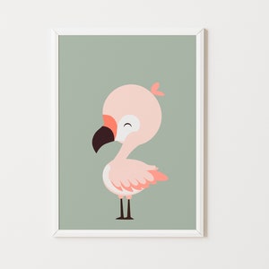 Affiche bébé flamant rose, 9 couleurs au choix, cadeau naissance, décoration murale chambre enfant, poster animaux pastel, fille ou garçon