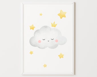 Petit nuage tout doux en aquarelle pour décorer une chambre d'enfant, idée cadeau pour bébé, la petite tendresse, affiche, triptyque