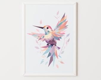 Mosaic hummingbird poster, children's room decoration, birth gift, minimalist, birthday, child, baby, pastel color, bird