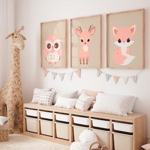 Set di 3 poster di animali per bambini, 9 colori tra cui scegliere, regalo di nascita, decorazione della stanza del bambino, poster di animali pastello, ragazza o ragazzo,