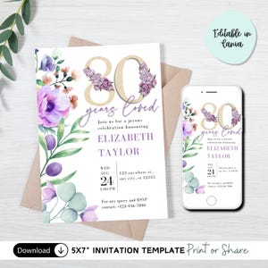 EDITABLE 80th Birthday Invitation For Women, Purple Floral Theme, 80th Birthday Ideas, Printable Template, Instant Download