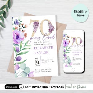 EDITABLE 70th Birthday Invitation For Women, Purple Floral Theme, 70th Birthday Ideas, Printable Template, Instant Download