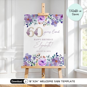 Letrero de bienvenida para 60.º cumpleaños, diseño floral morado, "60 años de amor", plantilla editable de Canva, descarga digital, letrero para fiesta de 45 x 61 cm
