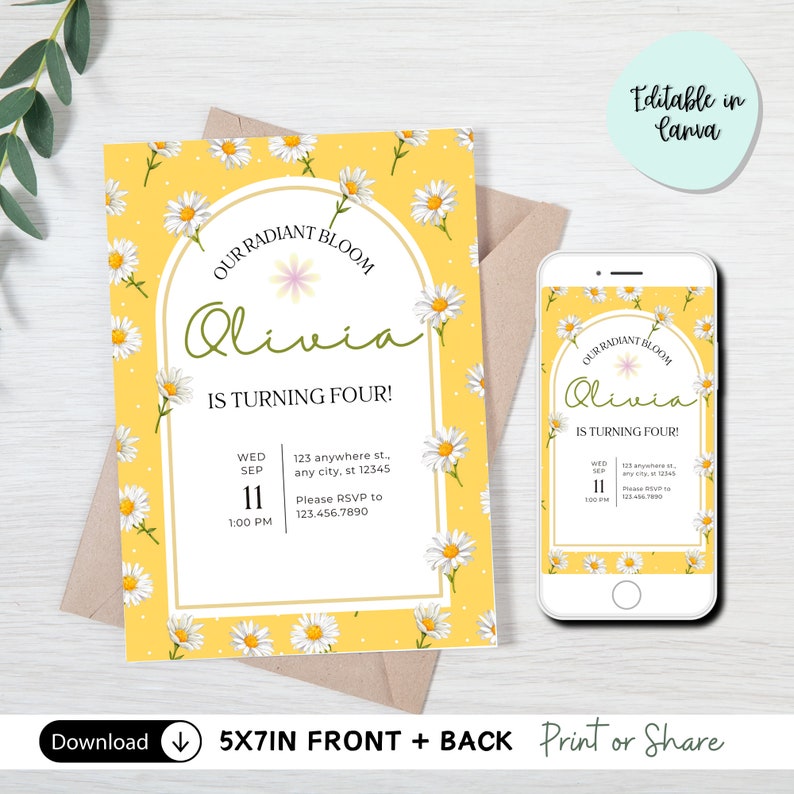 EDITABLE Daisy Theme Birthday Invitation, Daisy Theme Party, Yellow ...