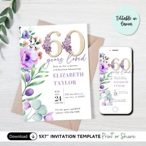 Invitación editable de 60 cumpleaños para mujer, diseño floral morado, ideas para 60 cumpleaños, plantilla imprimible, descarga instantánea