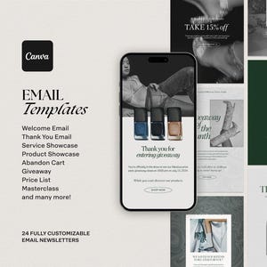 Może przedstawiać: Zbiór 24 konfigurowalnych szablonów newsletterów e-mail dla firm. Szablony oferują różnorodne projekty, w tym wiadomość powitalną, wiadomość z podziękowaniem, prezentację usług, prezentację produktów, porzucony koszyk, konkurs, cennik, kurs mistrzowski i wiele innych. Szablony są łatwe w użyciu i można je dostosować do dowolnej marki.