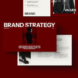 Peut inclure: Mise en page de design avec un fond rouge foncé. La conception présente du texte et des images en blanc, dont les mots "BRAND STRATEGY" et "VALUES". La mise en page comprend une photo d'une personne en vêtements noirs.