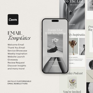 Może przedstawiać: Zbiór 24 konfigurowalnych szablonów newsletterów e-mail dla firm. Szablony charakteryzują się nowoczesnym, minimalistycznym designem z grafiką i tekstem w czerni i bieli. Szablony obejmują opcje dla wiadomości powitalnych, wiadomości z podziękowaniami, prezentacji usług, cotygodniowej inspiracji, uruchomienia witryny internetowej, konkursów, próśb o recenzje i wiele więcej.