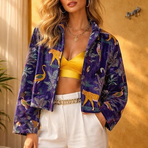 Blue Leopard Print Velvet Jacket: Vintage Ethnic Style, Unisex Overcoat Animal Print Coat