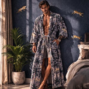 Herrhandgjord sammetskimono i grå djungelmönster med leopardmönster, vändbart bomullsfoder, boho, dusterjacka, unisex, lyxig loungeklänning, present