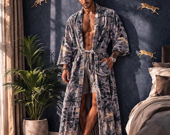 Kimono de terciopelo hecho a mano para hombre, color gris, estampado de leopardo, forro de algodón reversible, chaqueta larga estilo boho, unisex, ropa de estar por casa de lujo, vestido de regalo.