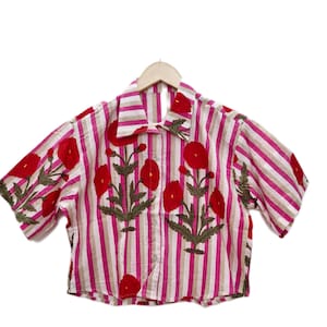 Women Crop Top New Unique Pink Cotton Shirt, Trendy Floral Print Shirt, Summer Wear Dress, Women&#39;s Crop Shirt Loose Fit Shirt FREE SHIPPING