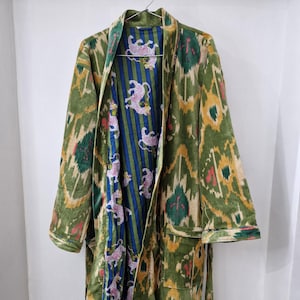 Velvet Kimono Robe: Indian Ikat Print, Unisex Loungewear