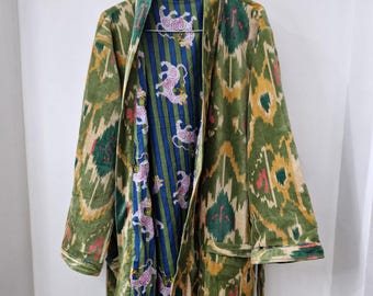 Velvet Kimono Robe: Indian Ikat Print, Unisex Loungewear