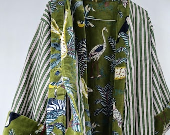 Reversible Velvet Kimono Robe: Green Jungle Safari Print, Cotton Jacket Winter Wear