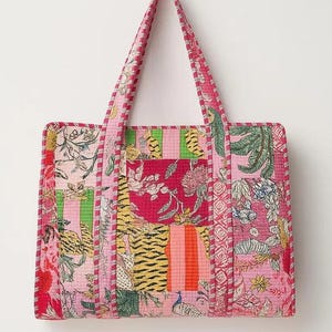 Pink Patchwork Tote Bag: Handmade Indian Quilted Cotton Shopper