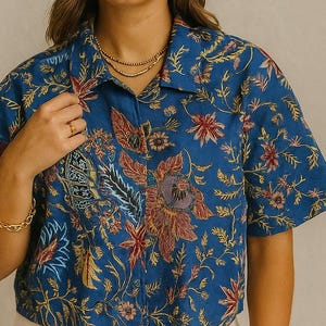 Floral Print Blue Cotton Crop Top: Women&#39;s Loose Fit Shirt