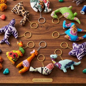 Cotton Keyrings Blockprint Indian Keychains Multipurpose Keyrings Animal Flower Shaped Handmade Key Charms Bulk Gift Colorful Kids Keychain