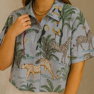 Floral Bird Print Crop Top: Grey Cotton Loose Fit Shirt