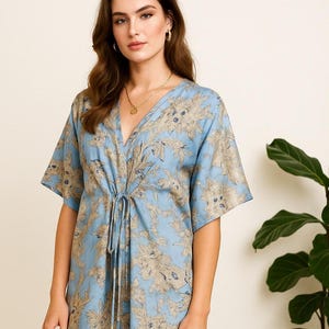 Cotton Kaftan Dress: Bohemian Beach Cover-Up, Sky Blue Floral Print