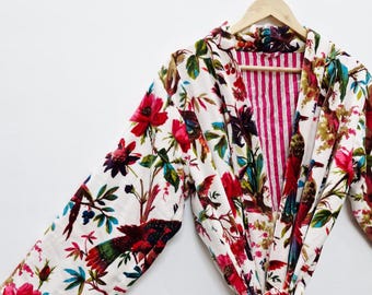 White Floral Bird Print Velvet Kimono Robe, Handmade Cotton Jacket Winter Wear Overcoat Gift
