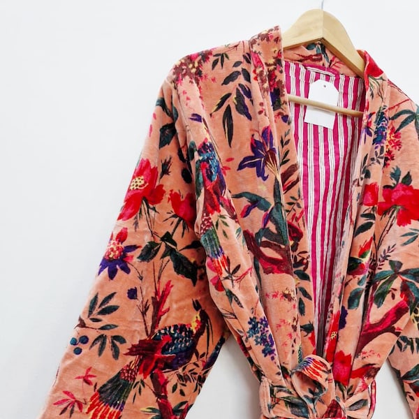 Peach Floral Print Velvet Kimono Robe: Cotton Long House Robe with Birds Winter Jacket