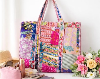Handmade Patchwork Quilted Tote Bag: Floral Cotton Shoulder Bag