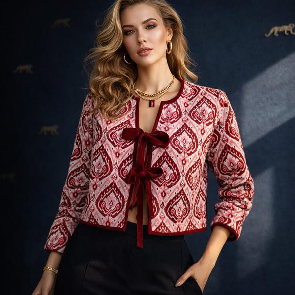 Red Floral Quilted Reversible Jacket: Velvet Bow Tie, Boho Winter Coat