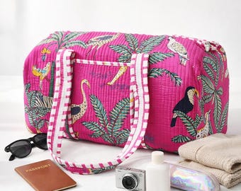 Pink Leopard Print Handmade Block Printed Quilted Cotton Duffle Bag | Floral & Animal Travel Weekender | Yoga Gym Overnight Bag Gift For Her