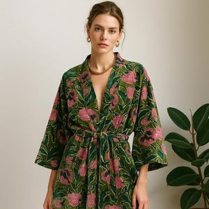 Pink Floral Print Velvet Kimono Robe - Luxury Unisex Overcoat Green Winter Jacket Gifting