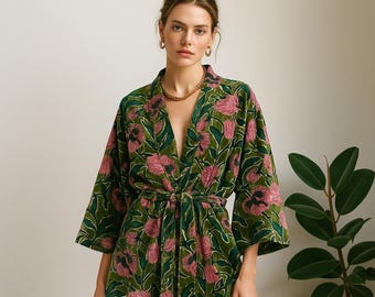 Pink Floral Print Velvet Kimono Robe - Luxury Unisex Overcoat Green Winter Jacket Gifting