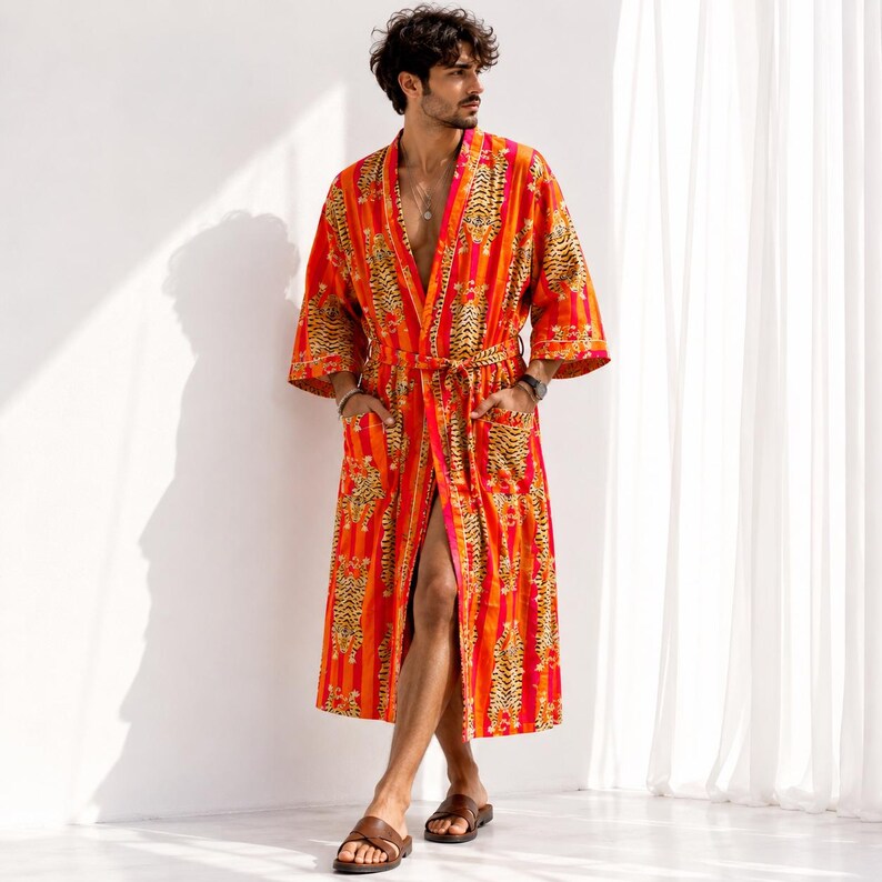 Green Men's Robe Pure Cotton Kimono Christmas Gift Autumn Wear Indian ...