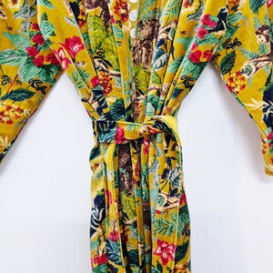 Yellow Velvet Kimono Robe: Floral Animal Print, Cotton Long Jacket Winter Coat image 6