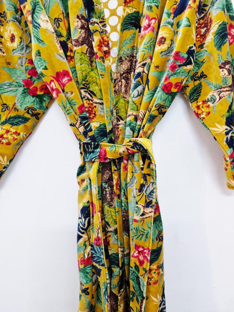 Yellow Velvet Kimono Robe: Floral Animal Print, Cotton Long Jacket Winter Coat image 6