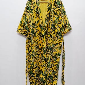 Yellow Velvet Kimono Robe: Floral Animal Print, Cotton Long Jacket Winter Coat image 19