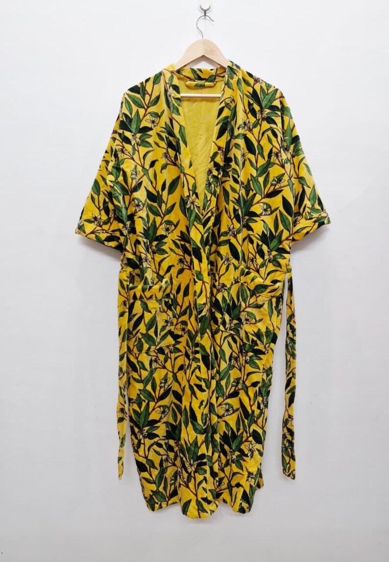 Yellow Velvet Kimono Robe: Floral Animal Print, Cotton Long Jacket Winter Coat image 19