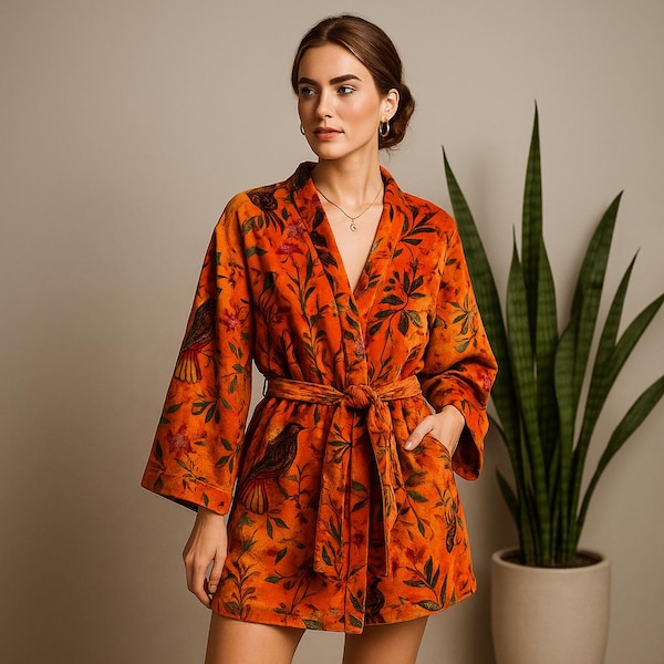 Orange Bird Print Velvet Kimono Reversible Cotton Winter Jacket Birthday Gift Morning Tea Robes