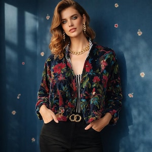 Zwart fluwelen jasje met bloemenprint Boho bomberjacks katoenen voering handgemaakte Boho vintage stijl zachte fluwelen ambachtelijke bovenkleding cadeau voor haar