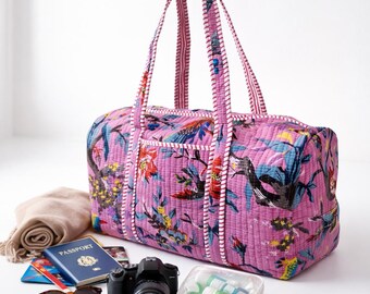 Pink Blue Handmade Block Printed Quilted Cotton Duffle Bag | Floral & Animal Print Travel Weekender | Yoga Gym Overnight Bag Gift For Her