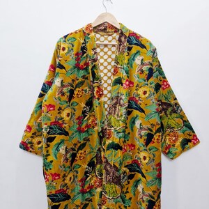 Yellow Velvet Kimono Robe: Floral Animal Print, Cotton Long Jacket Winter Coat image 7