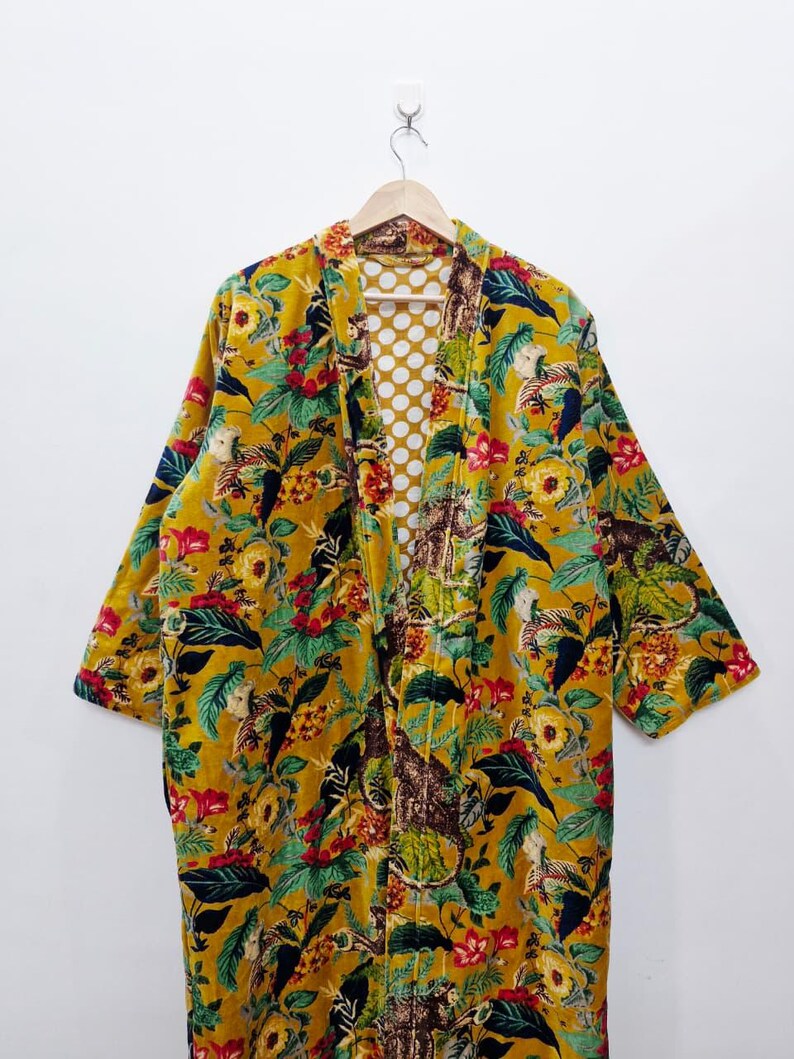 Yellow Velvet Kimono Robe: Floral Animal Print, Cotton Long Jacket Winter Coat image 7