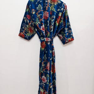 Yellow Velvet Kimono Robe: Floral Animal Print, Cotton Long Jacket Winter Coat image 17