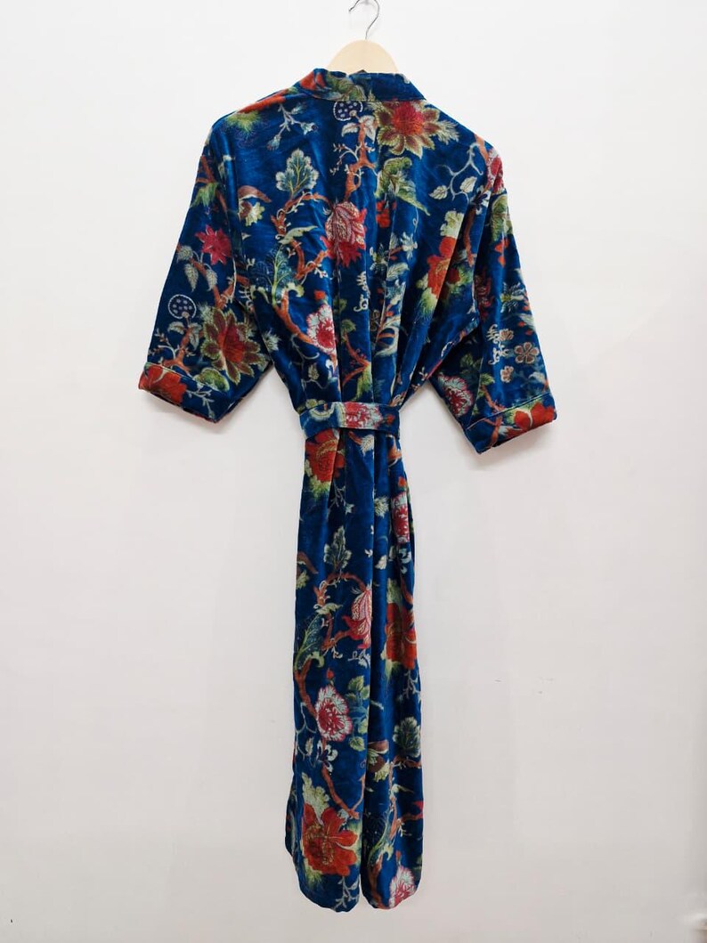 Yellow Velvet Kimono Robe: Floral Animal Print, Cotton Long Jacket Winter Coat image 17