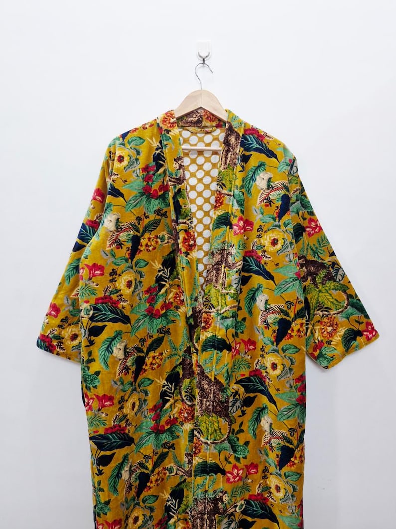 Reversible Velvet Kimono Robe: Green Jungle Safari Print, Cotton Jacket Winter Wear Yellow Monkey